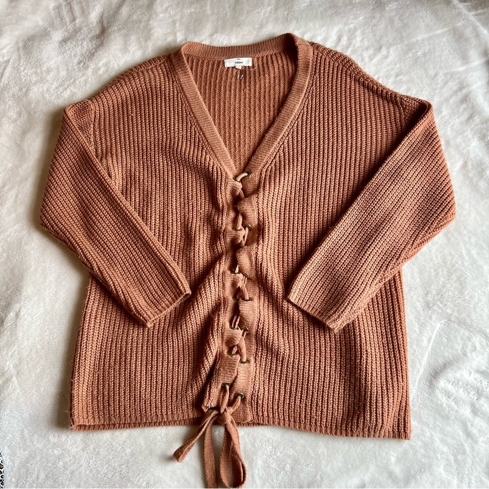 Entro brand sweater with lace up front, color rust, size medium